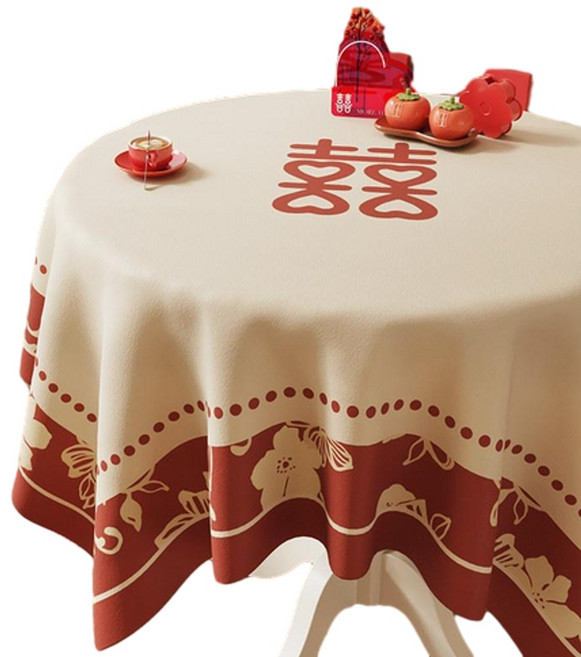 紅色圓形結婚桌布 婚禮餐桌裝飾檯布, 賀爾新婚 絨布, 1個, 110x110CM 防濺水