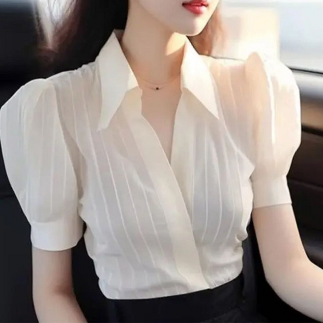 러비블리 여성 벌룬 소매 카라 브이넥 반팔 블라우스