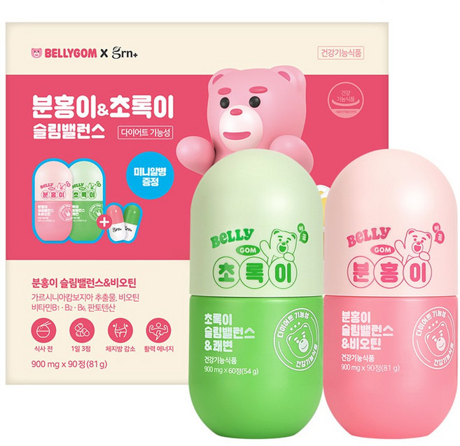 GRN 벨리곰 분홍이 슬림밸런스 앤 비오틴 + 초록이 슬림밸런스 앤 쾌변 + 알병 케이스 2p, 150정, 1세트