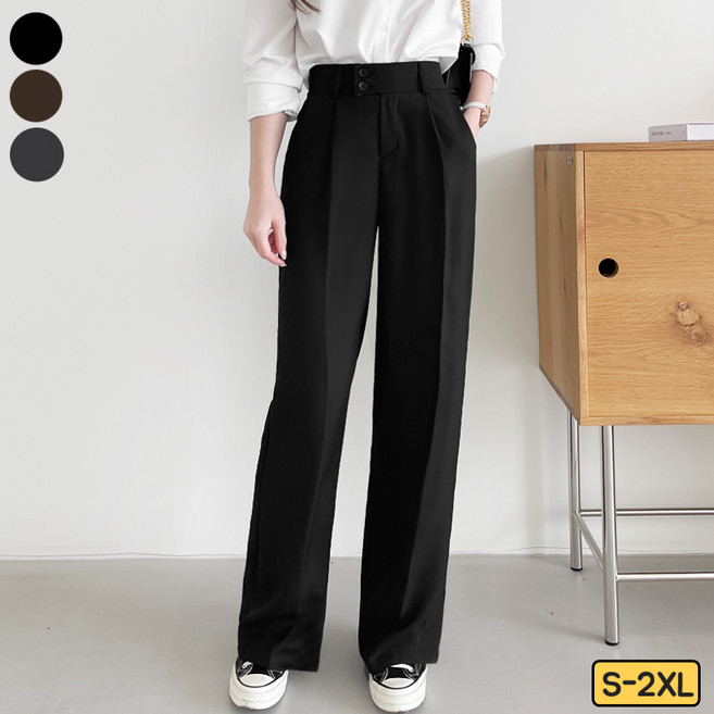 바비팩토리 여성용 투버튼 핀턱 뒷밴딩 일자와이드 슬랙스 긴바지 빅사이즈까지