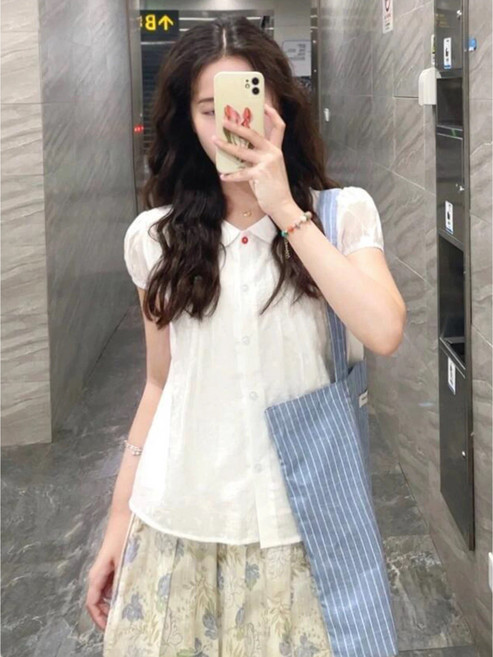 채윤러브 여성 카라 버튼 크롭 블라우스 CY0436A