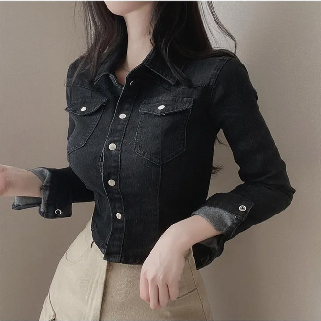 레티고 캐주얼 빈티지 언발 크롭 긴팔 데님 셔츠 자켓