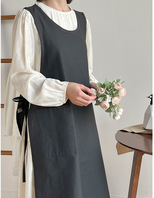 헬로젬 린넨 사이드 트임 롱 앞치마, 검정색, 1개