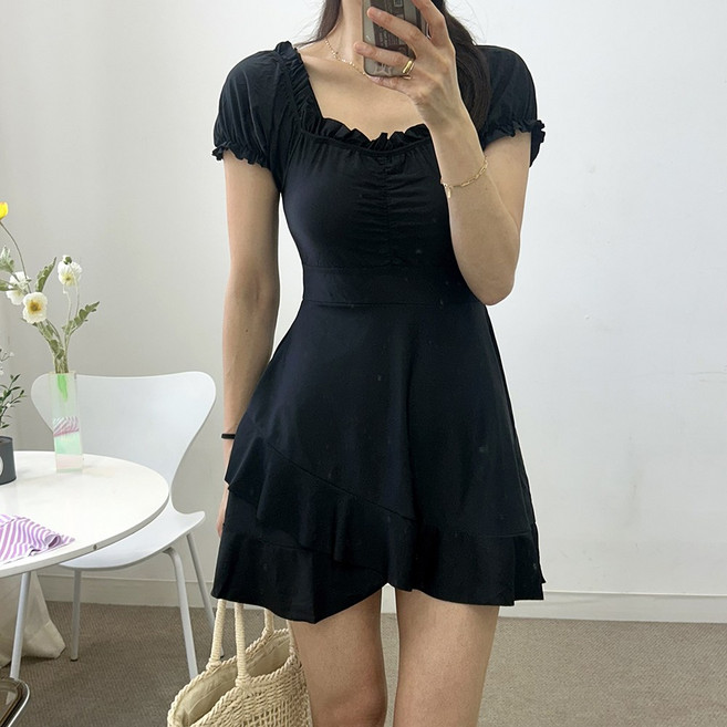 9위 - [M L XL 2XL]쏘핑 플라워 오프숄더 반팔 스커트 임산부 키큰여자 체형커버 빅사이즈 수영복, 블랙