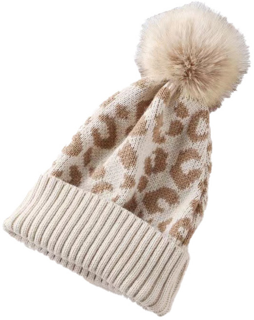따봉오빠 레오파드 유니크 패턴 스포츠 니트 방울 모자 RDBA2206, 베이지, 1개