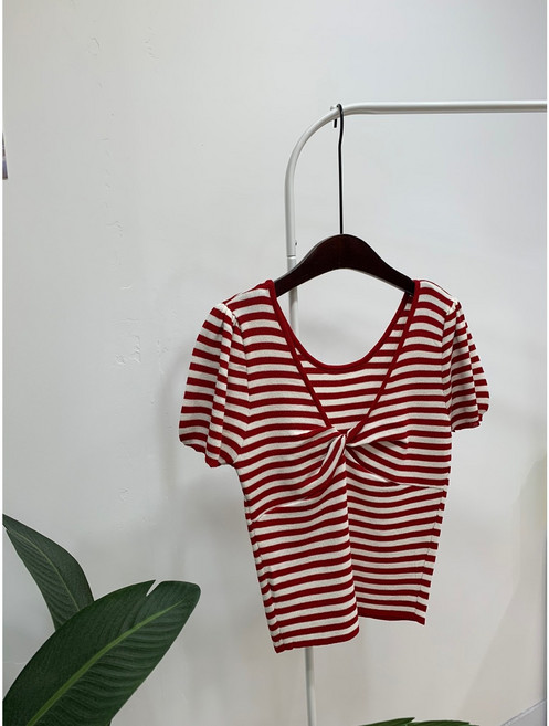 (무료배송)리엔 라운드넥 스트라이프 꼬임 반팔 니트 3color