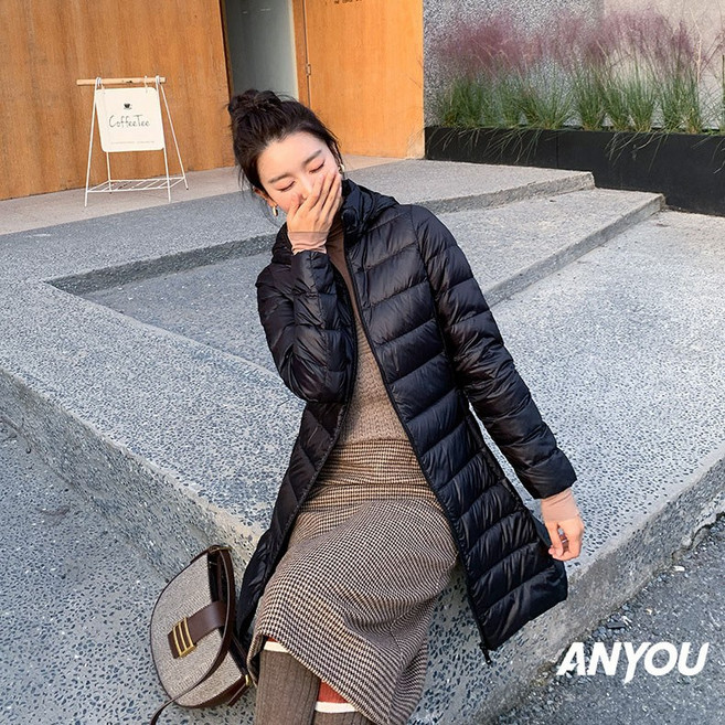 ANYOU 겨울 여성 초경량 후드 롱패딩 중년여성 롱 코트 여성경량패딩