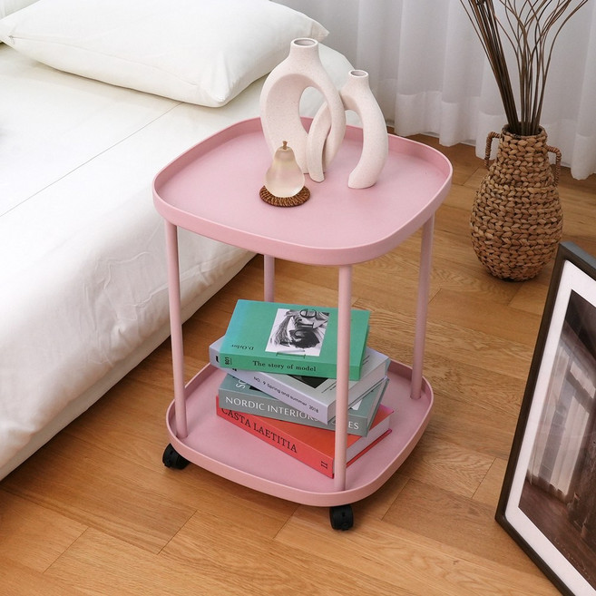 마벨인홈 다용도 무빙 트롤리 보조 테이블 선반, 핑크, 2단