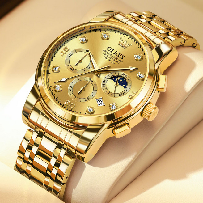 OLEVS 남자손목시계 정품 쿼츠 럭셔리 명품 워터프루프 야광 다기능 메탈시계