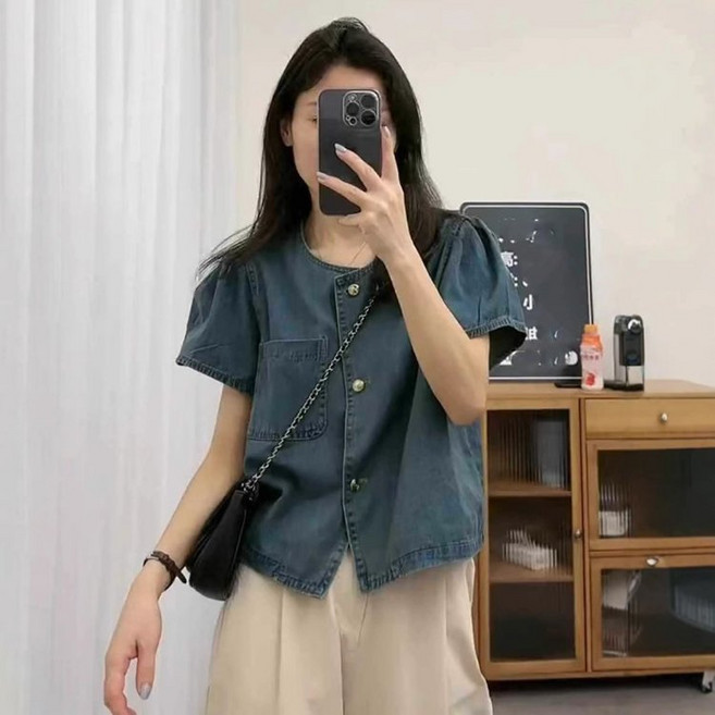 COSYEVNO 반팔 데님 셔츠 루즈핏 캐주얼 여름 여성 숏 상의