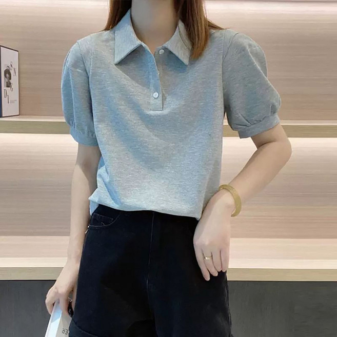 지고다그 여성 여름 면 카라넥 퍼프반팔 루즈핏 티셔츠 시원한 데일리 체형커버 반팔 티셔츠 HHA0132