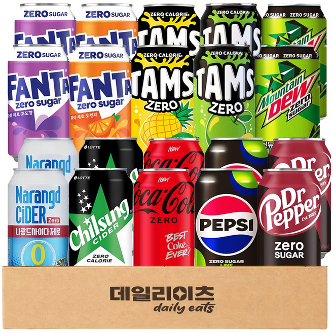 [데일리이츠] 칠성 코카콜라 동아오츠카 제로 탄산음료 뚱캔 10종 20캔 (펩시제로라임 사이다제로 마운틴듀제로 탐스 사과 파인애플 코카콜라 닥터페퍼 환타 포도 오렌지 나랑드), 1박스, 355ml