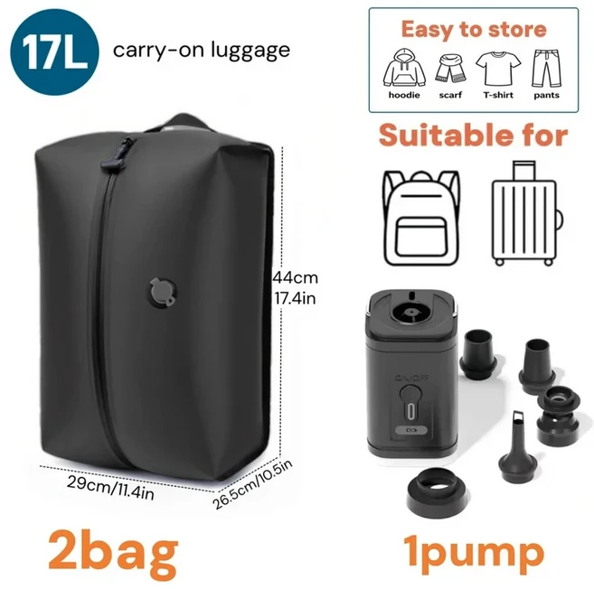 여행 필수품 진공 압축팩 가방 옷 정리 포장 백 압축 패킹 큐브, 1개, 색상: 9. 2bag 1pump