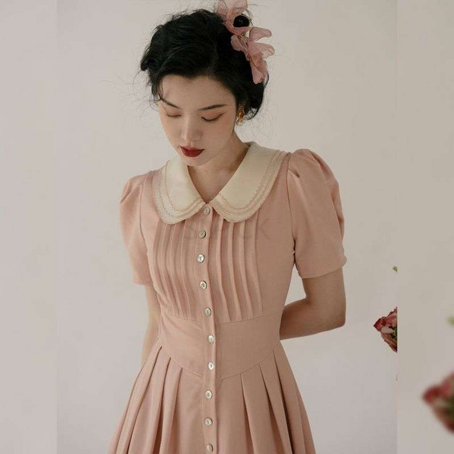 YSMALL 여성 경성의상 퍼프 복고풍 베이비돌 카라 원피스 여름