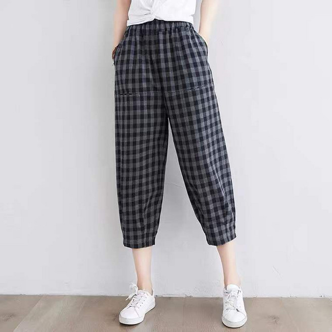 Qurora 棉質 格子休閒七分褲 縮口褲