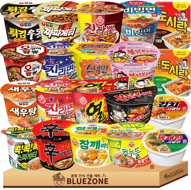 용기라면20종 세트(신라면+새우탕+오짬+튀우+짜파게티+육사발+김사발)+(진매+진순+참깨+스낵+콕콕스파+진짬+열+빅컵누들매콤)+(불닭+까르보+팔도비빔+도시락+김도), 1개