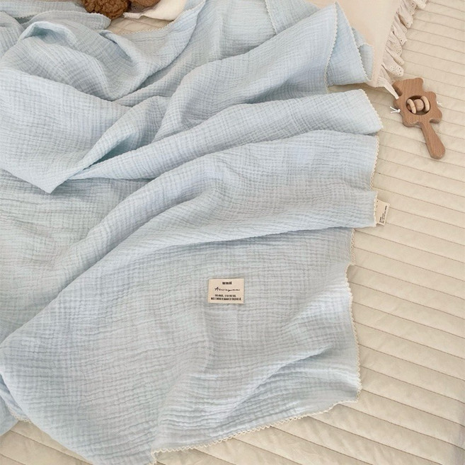 純棉雙層紗 嬰兒蓋毯 防踢被 I96006, 淺藍