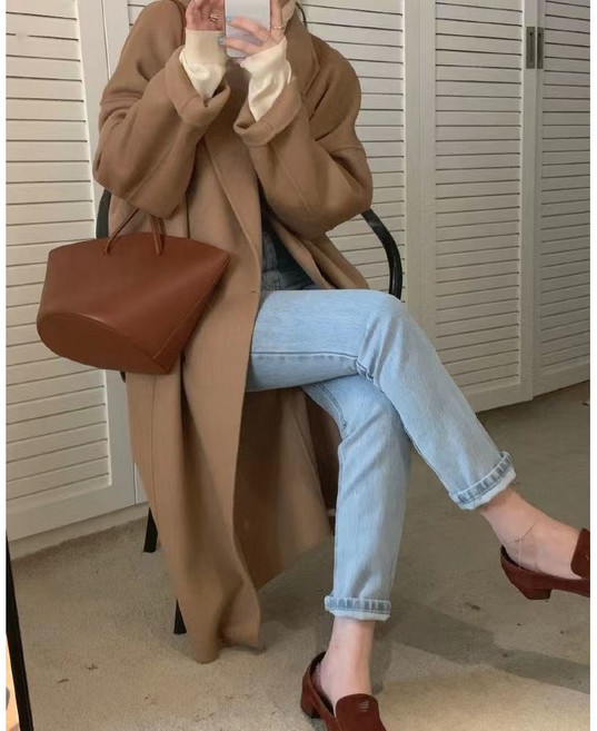 ANYOU 여성 프리미엄루즈핏 더블 롱코트 데일리 트렌치 코트