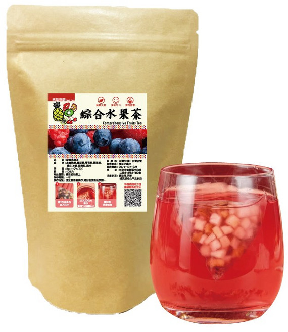 黑是茶飲 綜合水果茶 水蜜桃鳳梨葡萄藍莓果乾茶包, 8g, 1套, 10個裝