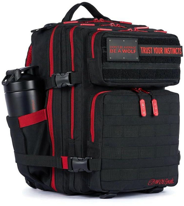 WOLFpak 25L 운동용 체육관 백팩 - 운동 장비 노트북 포켓 및 듀얼 컵 홀더를 위한 완벽한 가방 블랙. M 맞춤형 현대 전술, 레드 울프