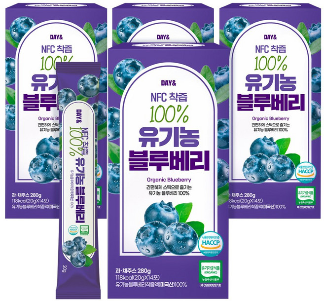 참앤들황토농원 데이앤 NFC착즙 100% 유기농 블루베리 스틱 14포, 4박스, 20g