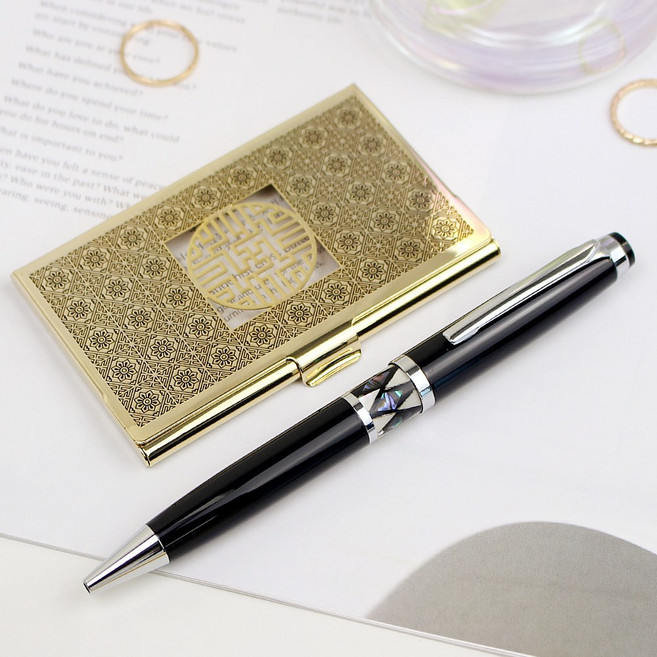 박씨상방 전통 금속 명함케이스+기프트 자개볼펜 세트 외국인 홈스테이 전통 선물, 금완자+기프트