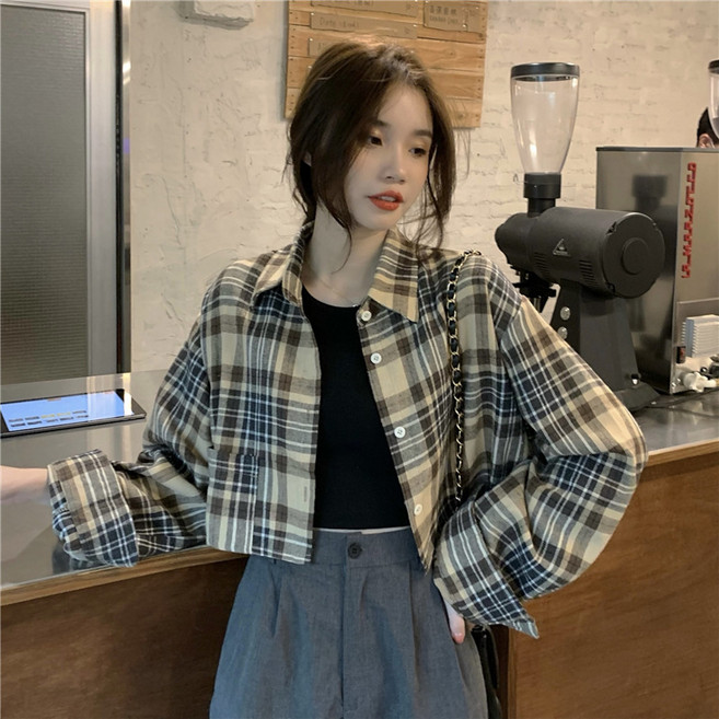 ANYOU 여성 숏 셔츠 봄 여름 가디건 체크 루즈핏 긴팔 아우터
