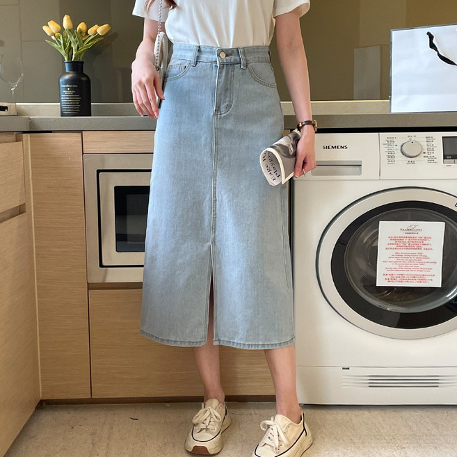 화지나무 H라인 데님 스커트 앞트임 롱 청치마