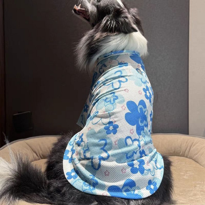 寵物透氣網眼夏季薄款防曬衣 中大型犬適用, 1個, 網眼小藍花衣服XL碼（建議60-70斤）