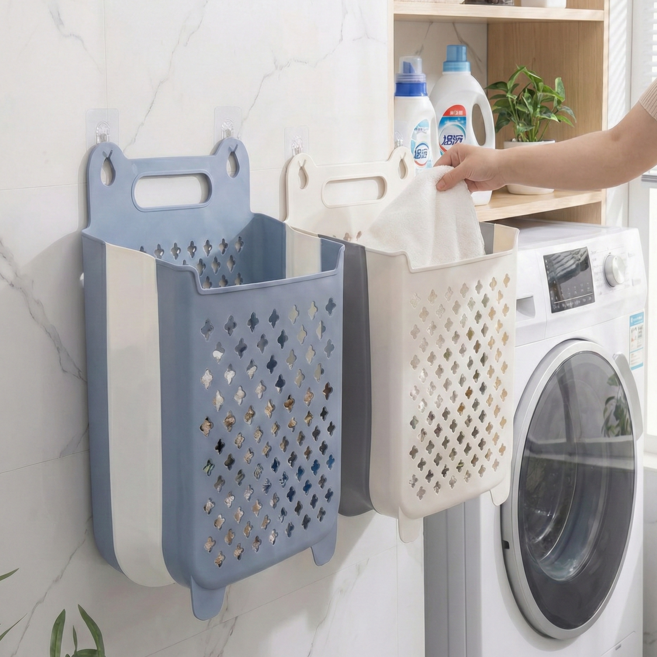 웨이백홈 벽걸이형 접이식 빨래바구니 화이트 블루 세트