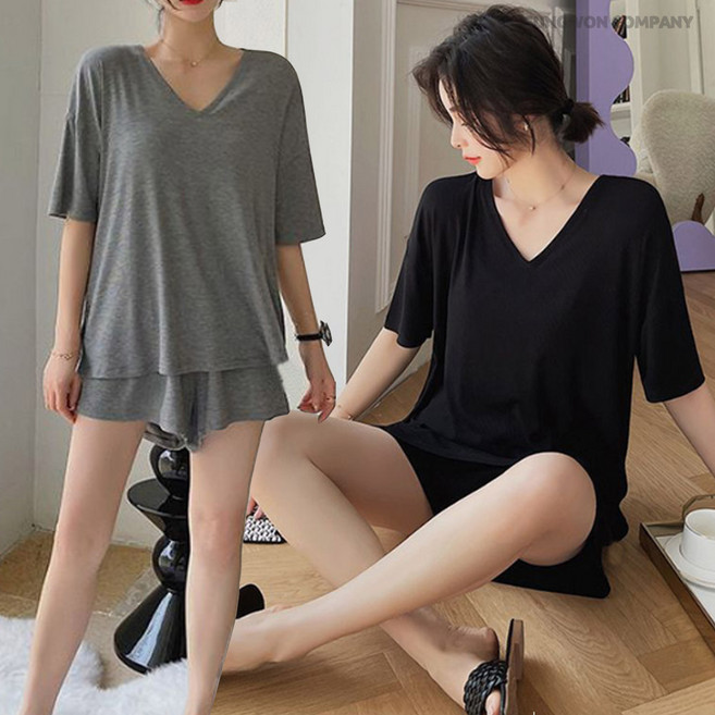이너퀸 프리수 여성용 브이넥 찰랑 촉촉 반팔 반소매 고무줄 밴딩 반바지 브라캡 캡내장 노브라 티셔츠 상하의 잠옷 홈웨어 이지웨어 V이지세트