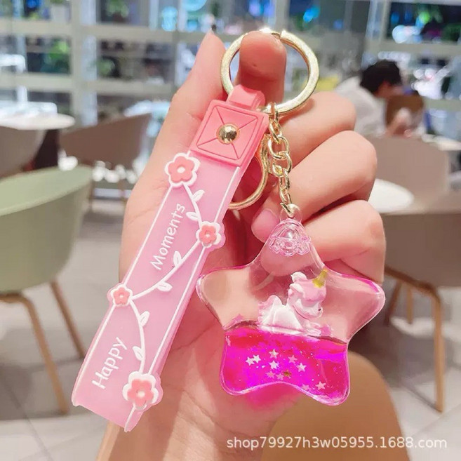 彩珠兔兔流沙吊飾 胖兔子流沙瓶鑰匙圈 壓克力彩珠吊飾 可愛鑰匙扣 包包吊飾, 矽膠五星獨角獸（粉）, 1個