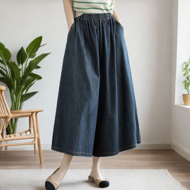 봄 가을 여성 치마바지 빅사이즈 허리밴딩 9부 청바지 치마바지 캐주얼 여자 와이드 팬츠 LQZ