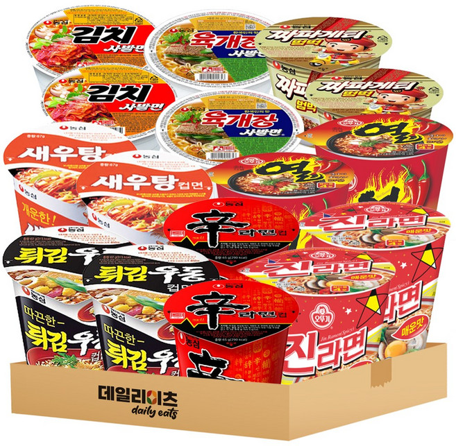 [데일리이츠] 컵라면 사발면 & 소컵 총 세트 (신라면2 육개장사발면2 김치사발면2 짜파게티범벅2 새우탕2 튀김우동2 진라면매운맛2 열라면2 ), 2세트