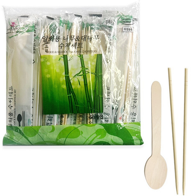 개별포장 고급 대나무+나무 일회용 수저세트 50p, 1개
