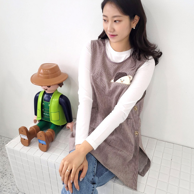 라인베어 앞치마 어린이집 보육교사 선생님 실습 원피스앞치마 린다스 에이프런샵, 1개, 일반브라운