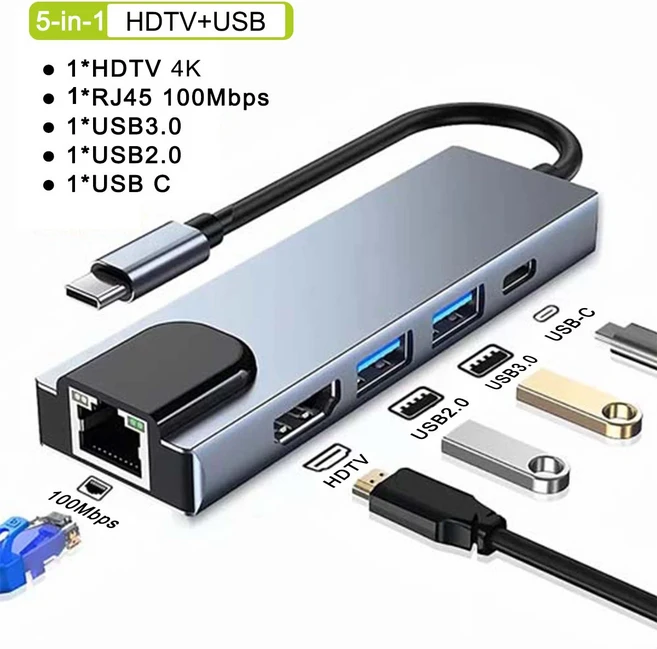 USB C 허브 타입 스플리터 썬더볼트 3 도킹 스테이션 노트북 어댑터 맥북 에어 M1 아이패드 프로 RJ45 HDMI, 01 5 in 1
