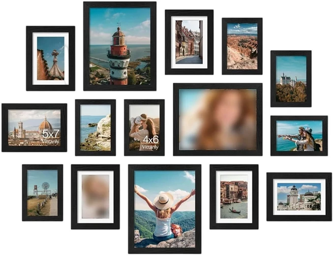 벽장식 액자 세트 15개 팩 갤러리 콜라주 가족 사진용 다양한 크기와 흑백 색상, 01, 01 black