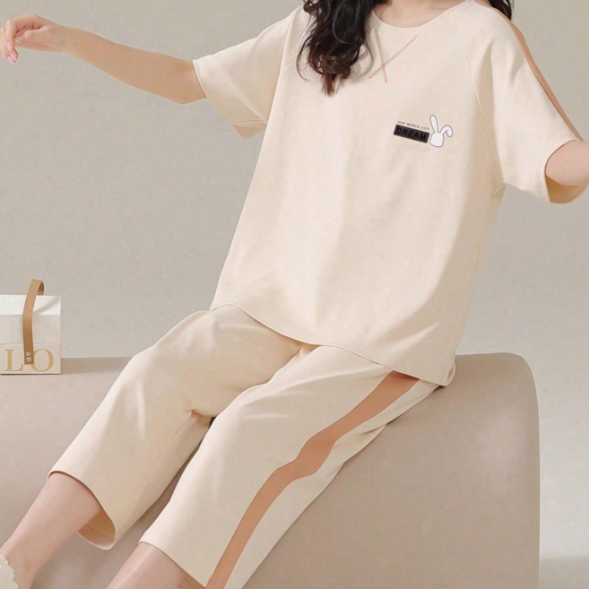 여성 라운드넥 곰돌이 체크 반팔 칠부바지 홈웨어 잠옷 세트