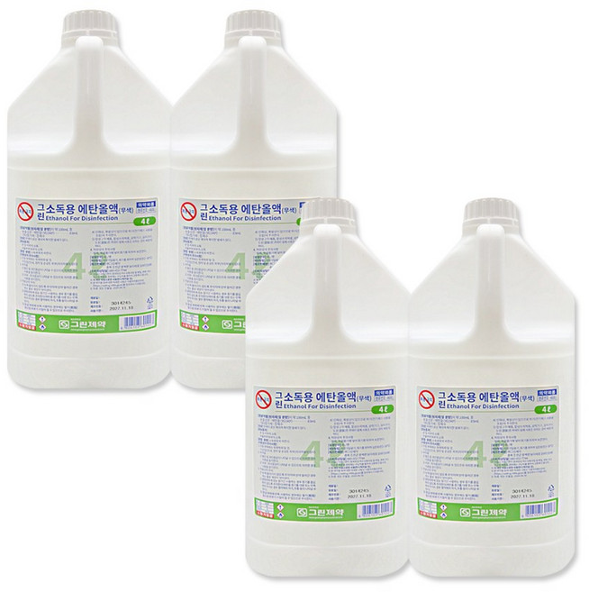 그린제약 소독용 에탄올 4L 4통 손및피부소독 의료기구 각종도구 살균소독제, 4개
