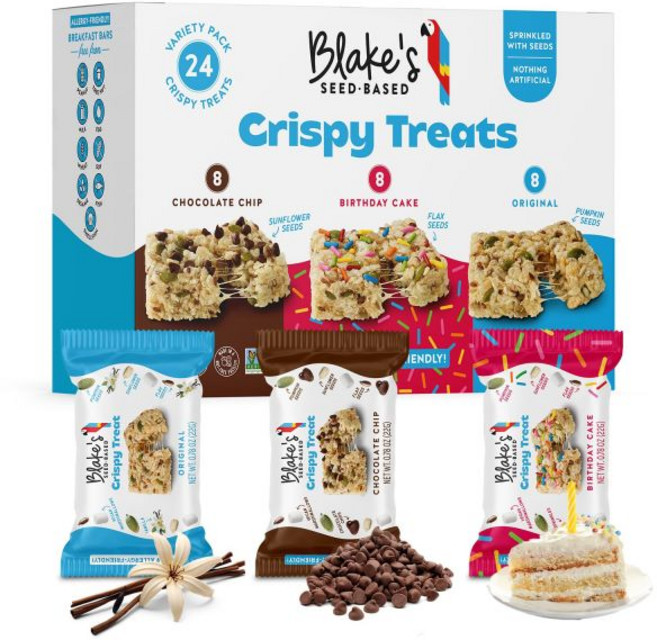 Blake's Seed Based 케이크 스낵 블레이크의 씨앗 기반 크리스피 트리트 생일 24개입 견과류 없음 글루텐 프리 유제품 비건 건강 간식 성인용 학교 안전 저칼로리 대, 다양한 패키지