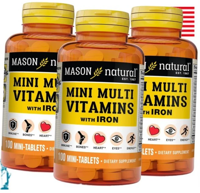메이슨 내추럴 데일리 멀티비타민 앤 철분 비타민 A C D E B1 B2 B3 B6 B12 엽산 칼슘 종합 건강 보조제 100정 3팩 NATURAL - 쿠팡