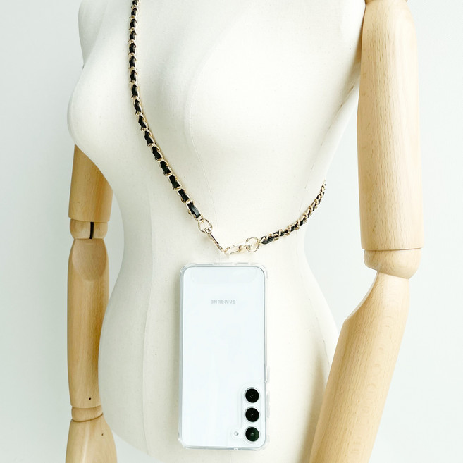 네츄럴파크 스마트폰 퀄팅 체인 멀티 스트랩 TPU 태그홀더 세트 가방 끈 핸드백 목걸이 숄더 줄, 1. 퀄팅체인멀티스트랩 블랙앤골드체인+TPU태그홀더, 1세트