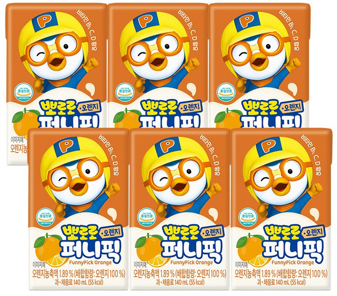 서울에프엔비 뽀로로 퍼니픽 오렌지 주스, 6개, 140ml