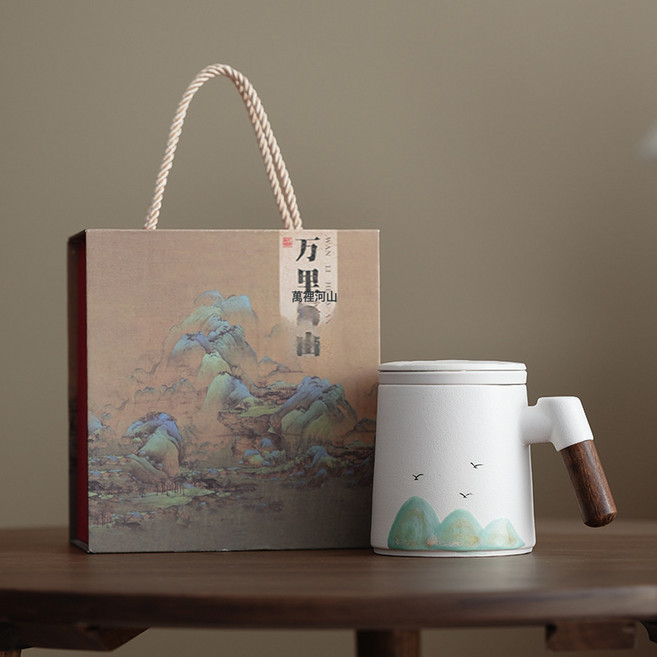 DIU 國潮千里江山陶瓷馬克杯泡茶過濾辦公杯禮盒高檔中秋商務伴手禮品, 1個, 正止辦公杯3件套(遠山白)山河禮盒:301-400ml