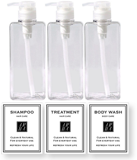 아루아 욕실 사각 디스펜서 650ml 3종 세트+방수스티커 3종, 투명, 1개