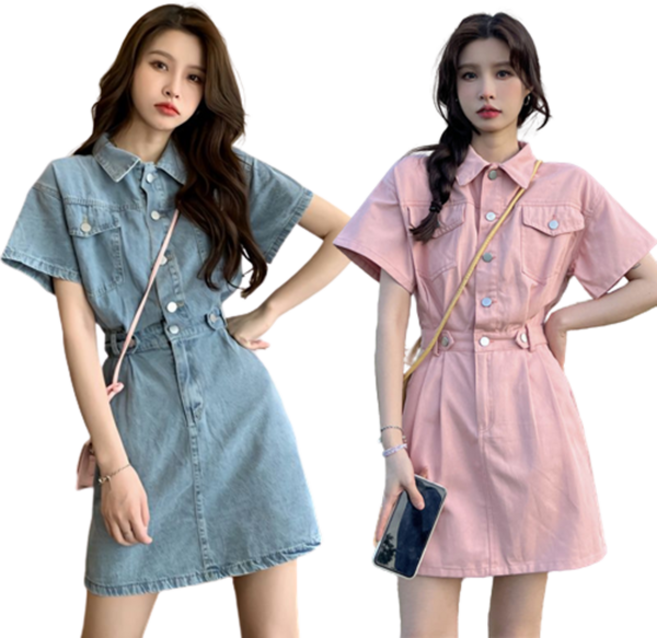 여성 반팔 데님 청 원피스 캐주얼 A라인 카라넥 미니 청 원피스 데님 스커트 하객 오피스룩 여름