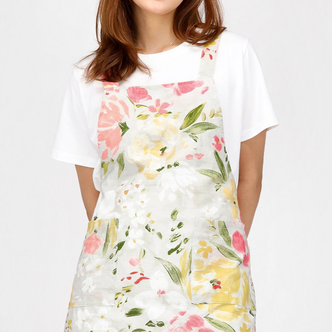 메종블룸 린넨 앞치마 런던가든 그레이 블루 그린, 런던가든 블루, 목걸이형(폭 92 CM X 길이 79 CM)