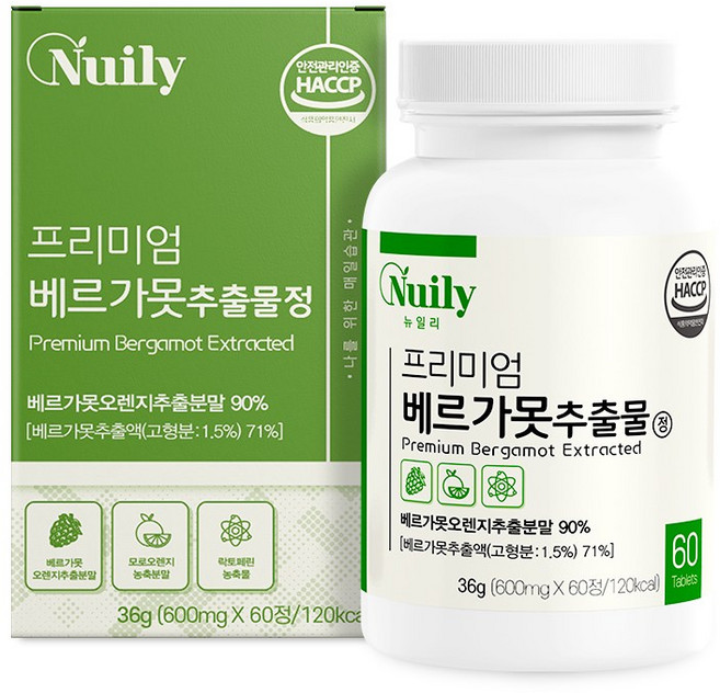 뉴일리 프리미엄 베르가못 추출물 정 600mg 이탈리아산 모로오렌지농축분말 비타민C 락토페린농축물 폴리페놀 함유, 2개, 60정