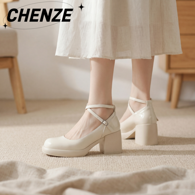 CHENZE 여성 메리제인 구두 통굽 미들힐 스트랩 펌프스 여름 통기성 크로스 버클 여자 구두